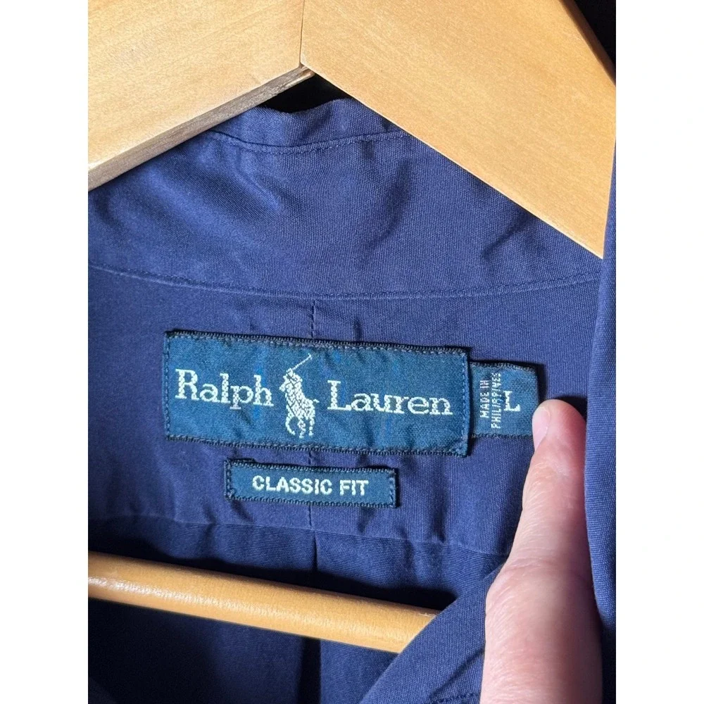 Polo Ralph Lauren Classic Fit Button Up Shirt Navy Blue Double Pony‎ Men's L VTG